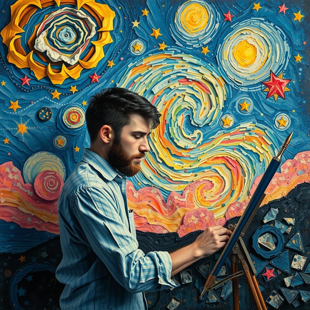 Painter in Galaxy of Impasto Paper as Naive Art