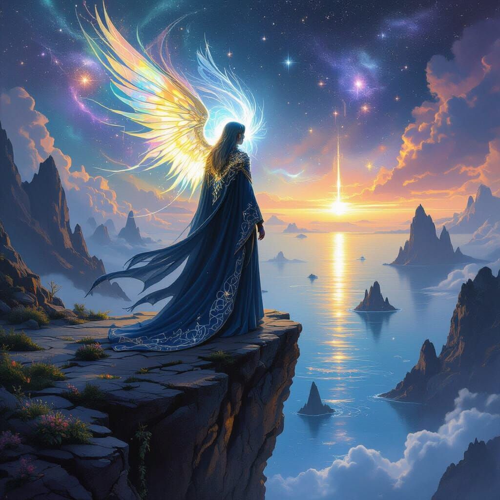 Ethereal Elf Mage Overlooking Cosmic Ocean