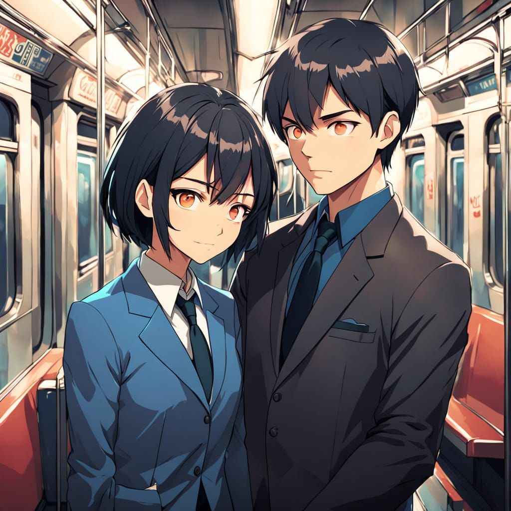 Woman Leans on Man in Subway, Vibrant Manga-Inspired Art