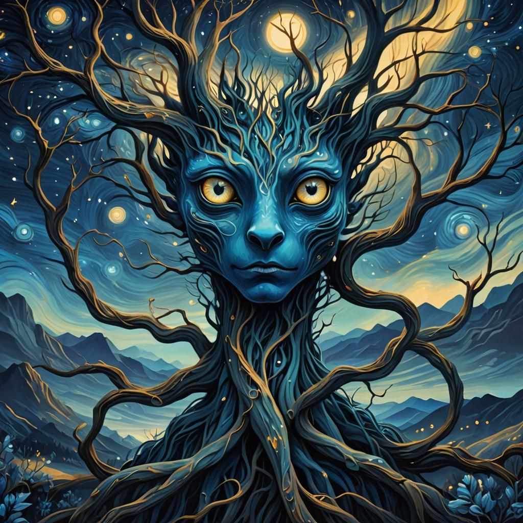 Blue Creature in Starry Dreamscape: Digital Art