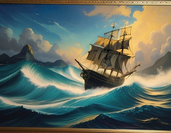 Pirate Galleon Nears Tahiti in Hyperrealistic Oil Painting