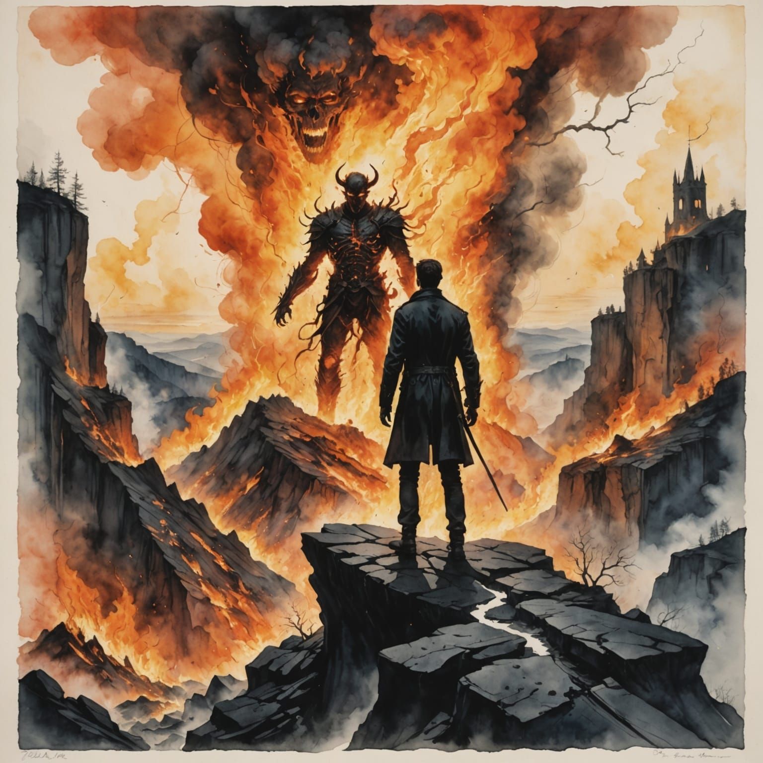 Surreal Silhouette of Man in Turmoil as Hellish Landscape