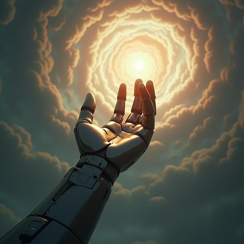 Robot Adam's Hand Reaching for God in Celestial Art