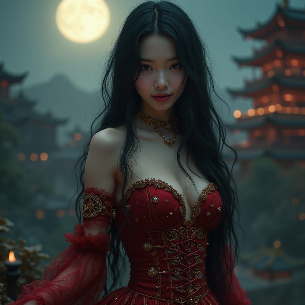 Ethereal Vampire Goddess in Crimson Corset Under Ancient Pag...