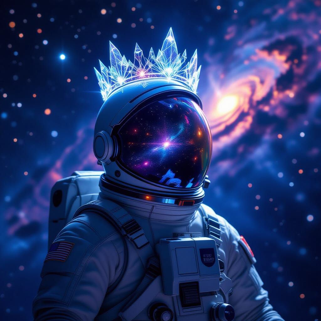 Astronaut Adrift, Helmet Reflects Cosmic Galaxy