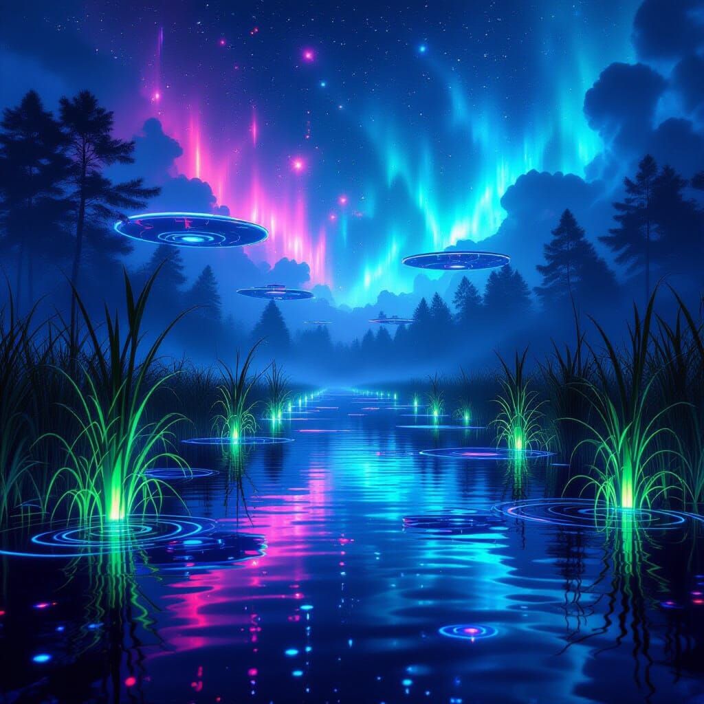 Alien Swamp with Prismatic Auroras and Fractal Platforms