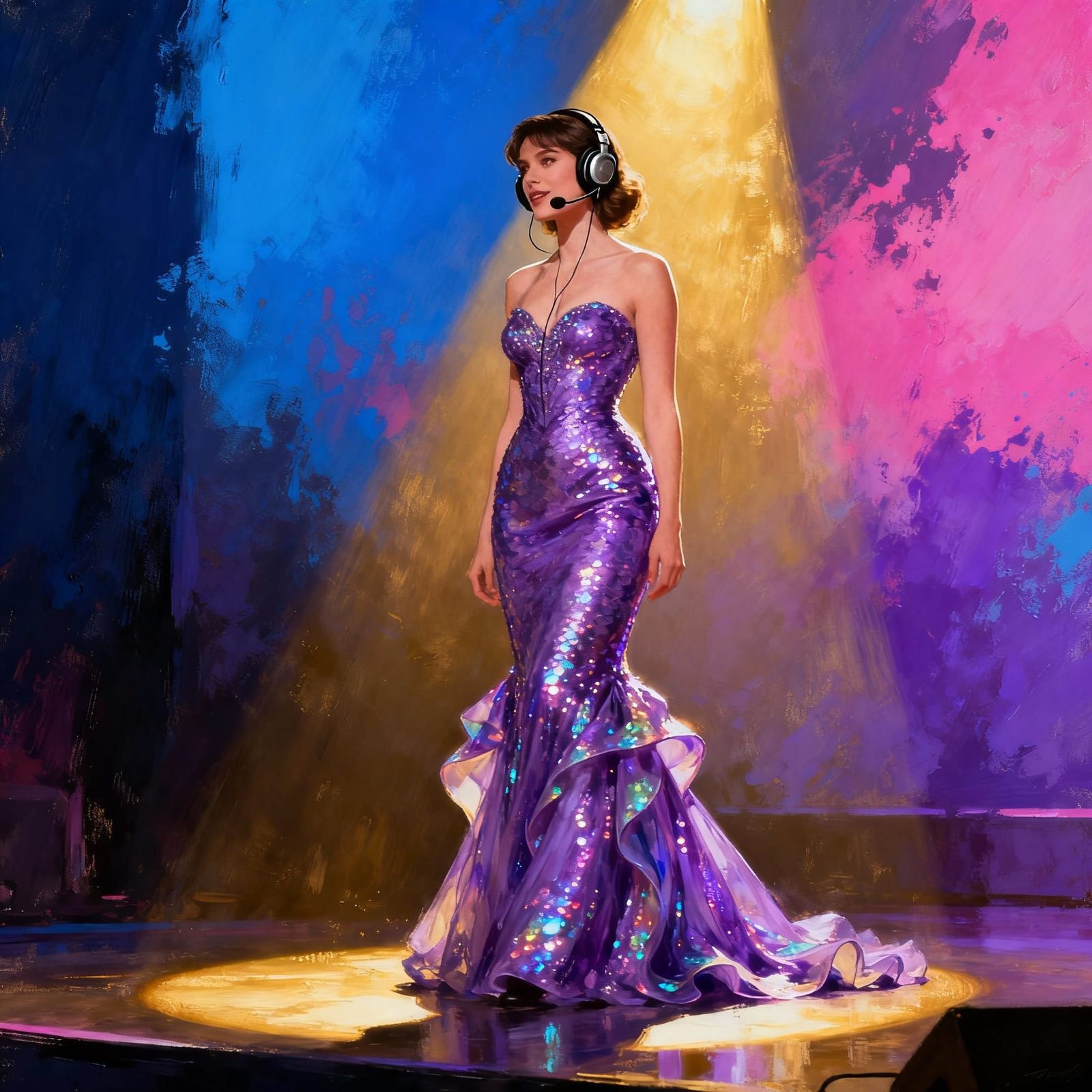 Woman in Sparkling Purple Gown on Stage