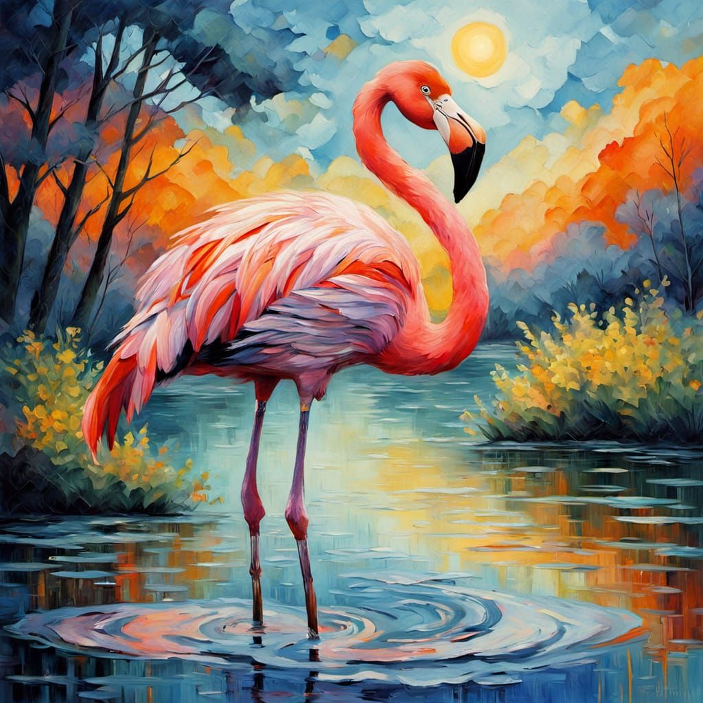 Vibrant Flamingo at Sunset in Impressionist Surrealism Style