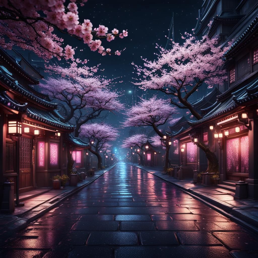 Cherry Blossom Street at Night: Matte Painting