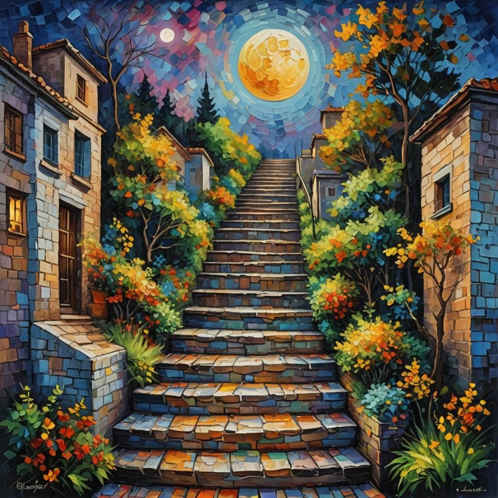 Moonlit Stairs: Neo-Impressionist Oil Painting