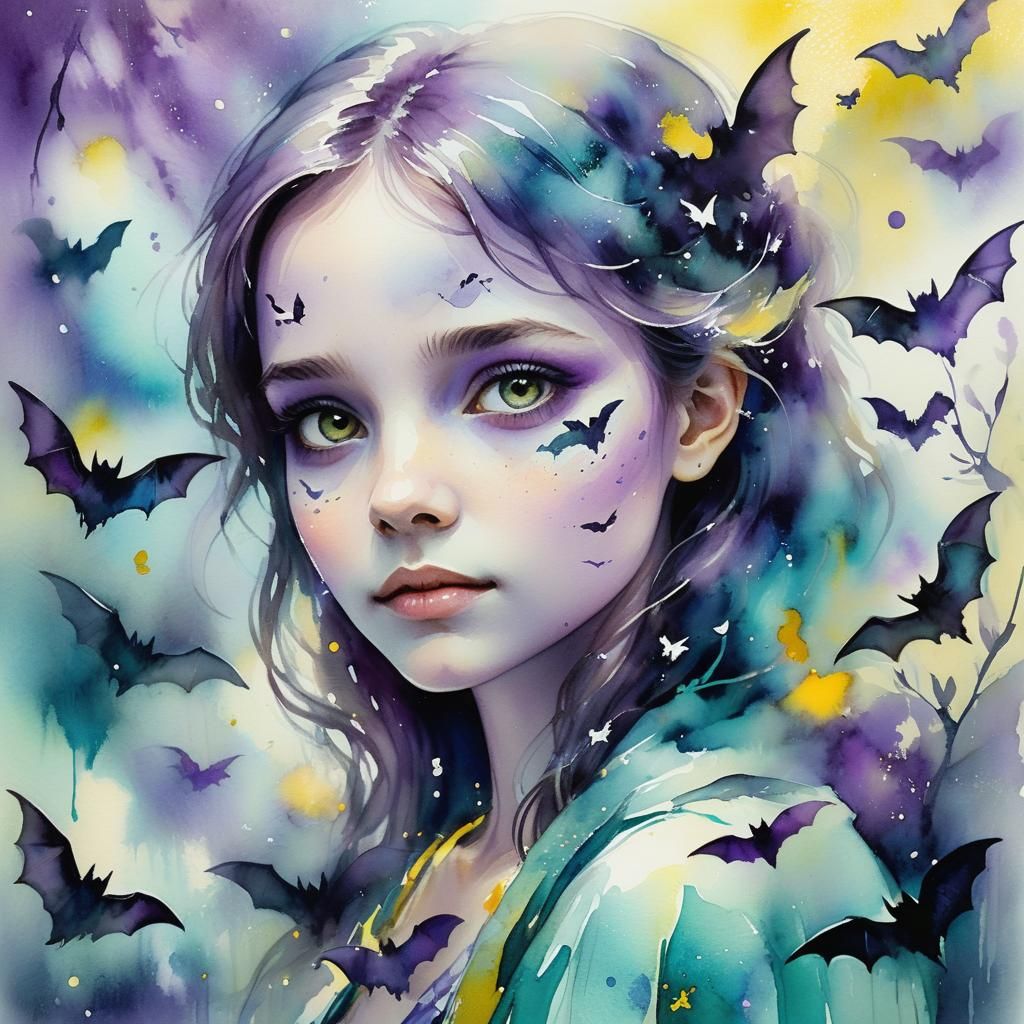 Girl in Moonlit Garden: Watercolour Abstract Expressionism