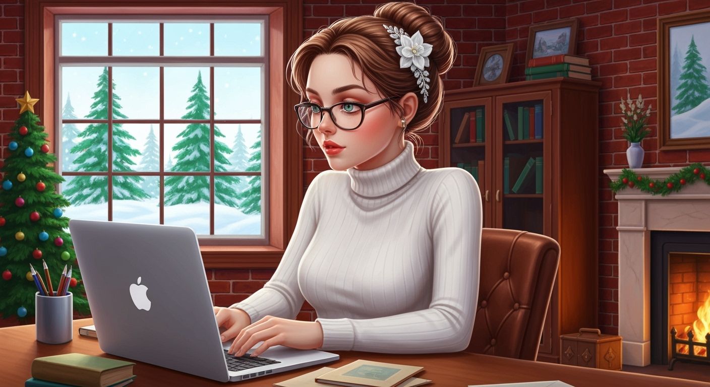 Victorian Vintage Scene: Lady Working by Snowy Window