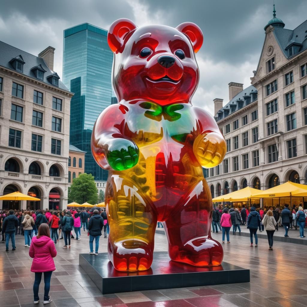 A giant jelly bear statue in the middle of city square