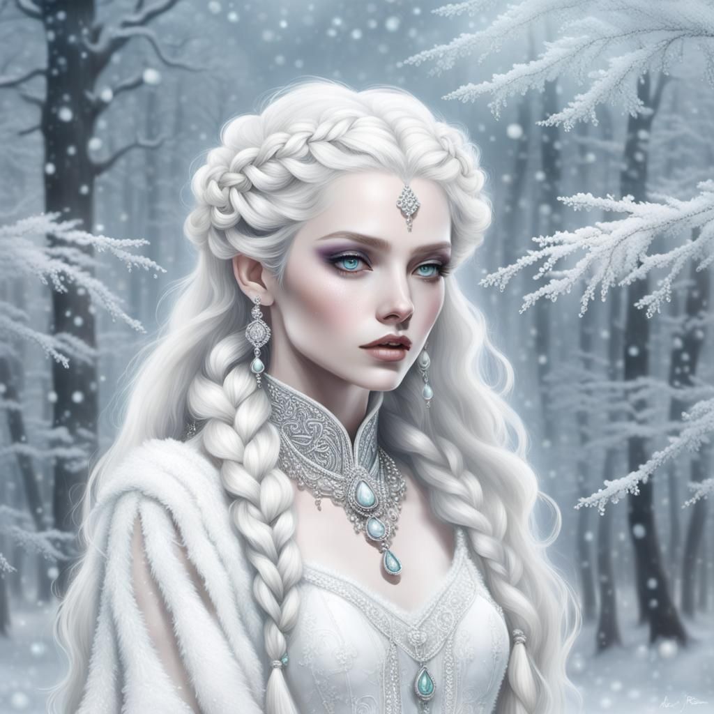 Winter Woman with Opal Jewelry, Detailed Digital Art