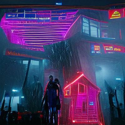 Cyberpunk Night House in Neon Cityscape