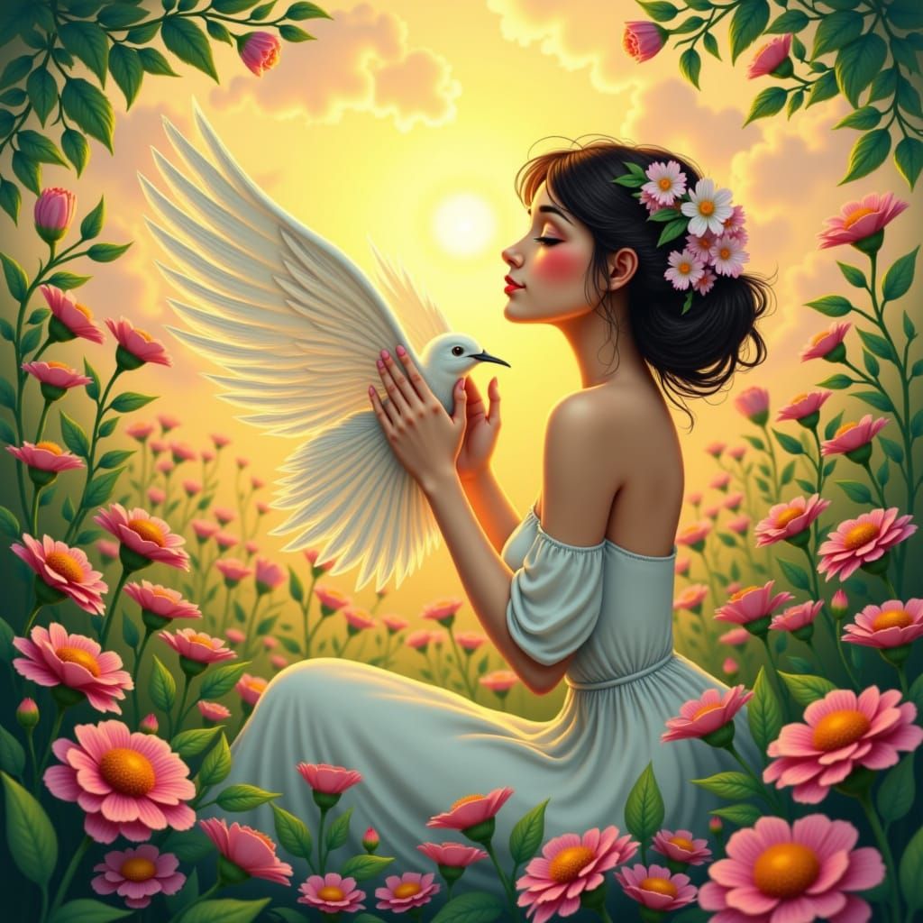 Serene Angel Ascends to Ethereal Realm with Vibrant Flowers