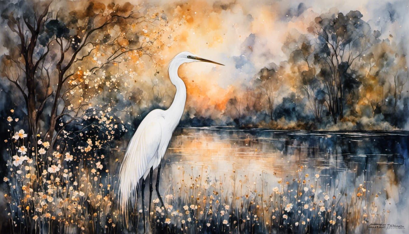 Egret at Sunset: Abstract Whimsical Ink Wash Painting