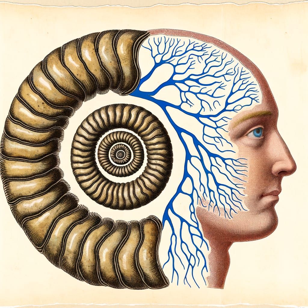 Neuroscience Merged With Ammonite Form: Anatomical Engraving