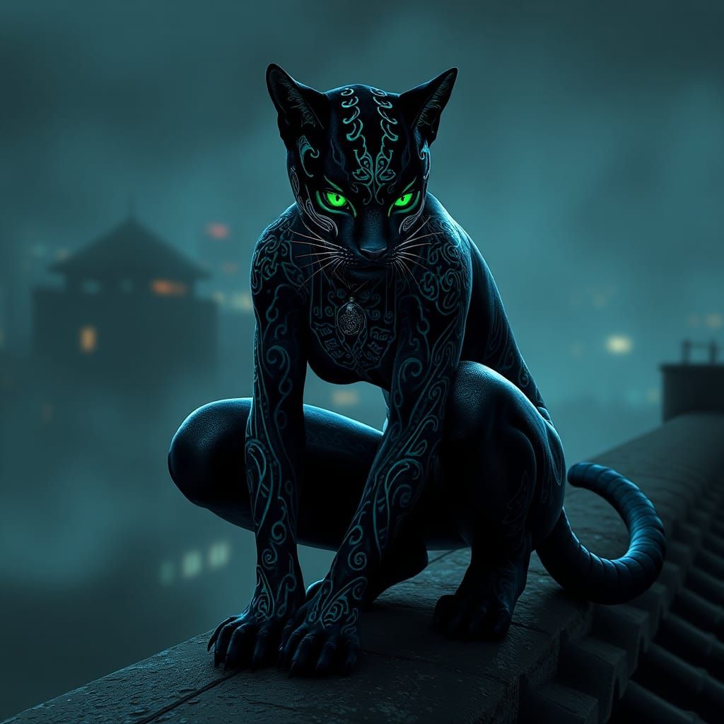 Hyper-realistic beautiful ethereal female black jaguar Tabaxi ninja crouching on a rooftop tattoed with finely carved gl...