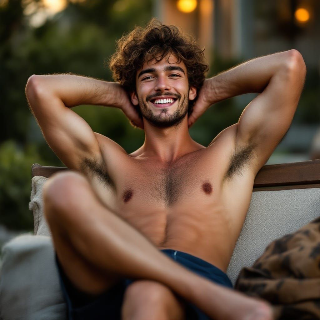 College Guy Relaxing on Porch at Sunset