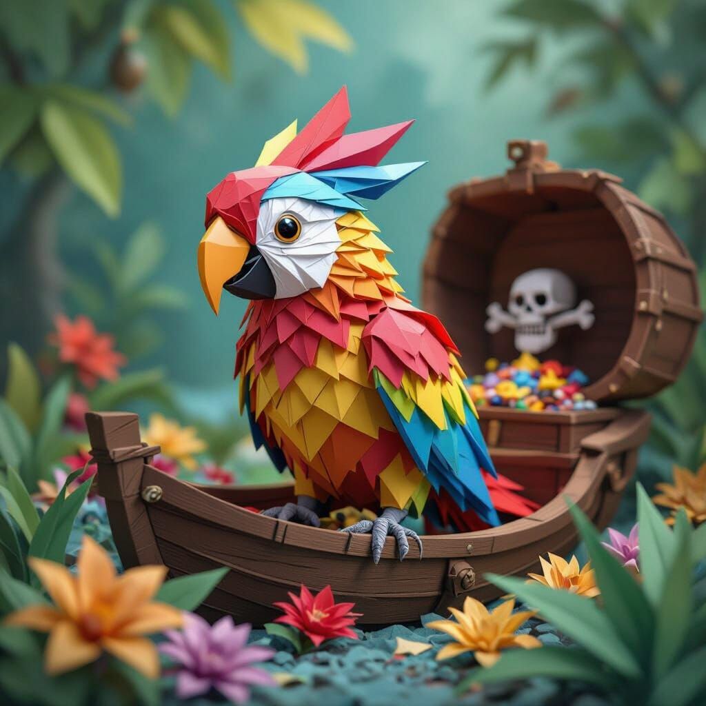 Colorful Origami Parrot and Pirate Treasure Scene
