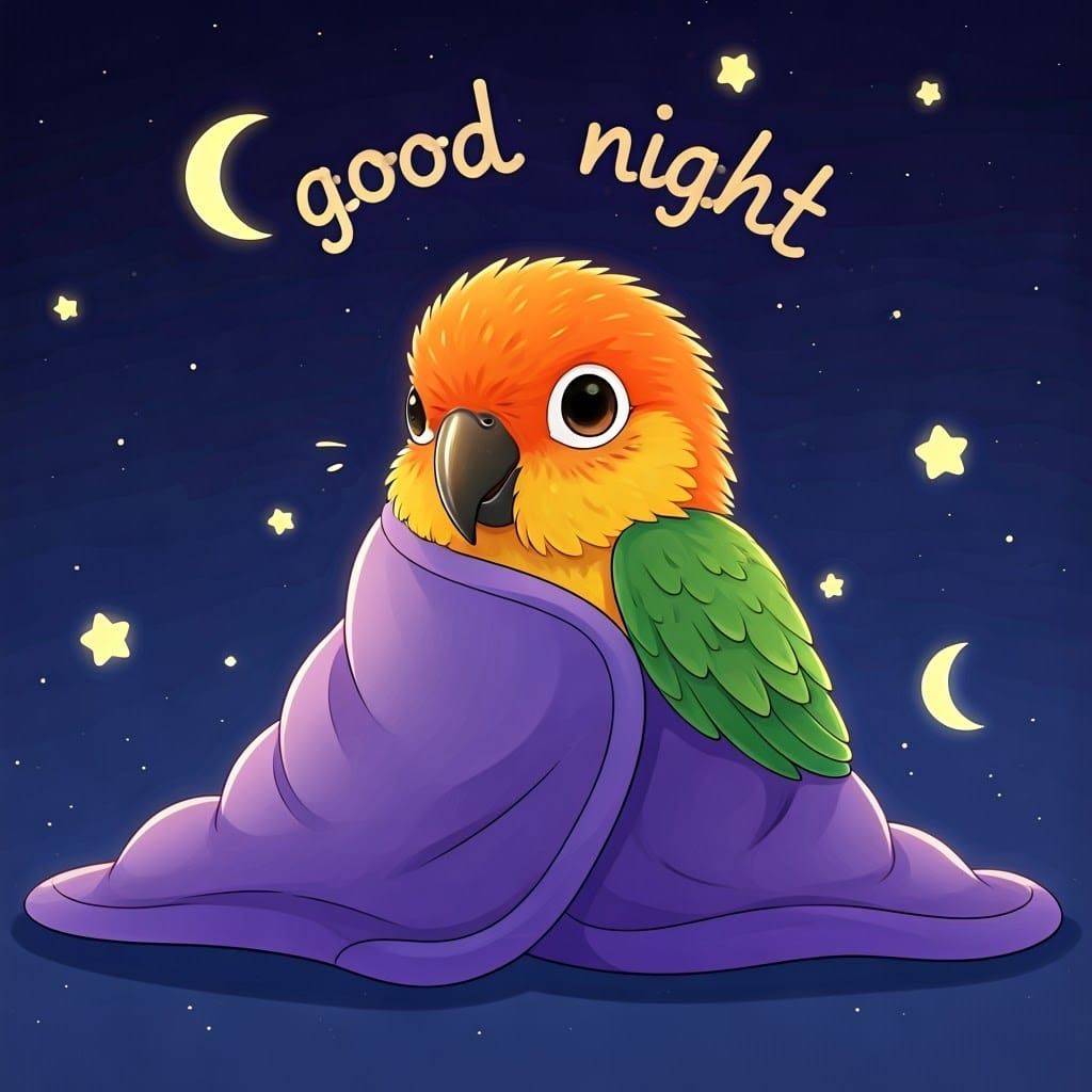 Cute Parrot Snuggles Up Under a Purple Blanket at Night