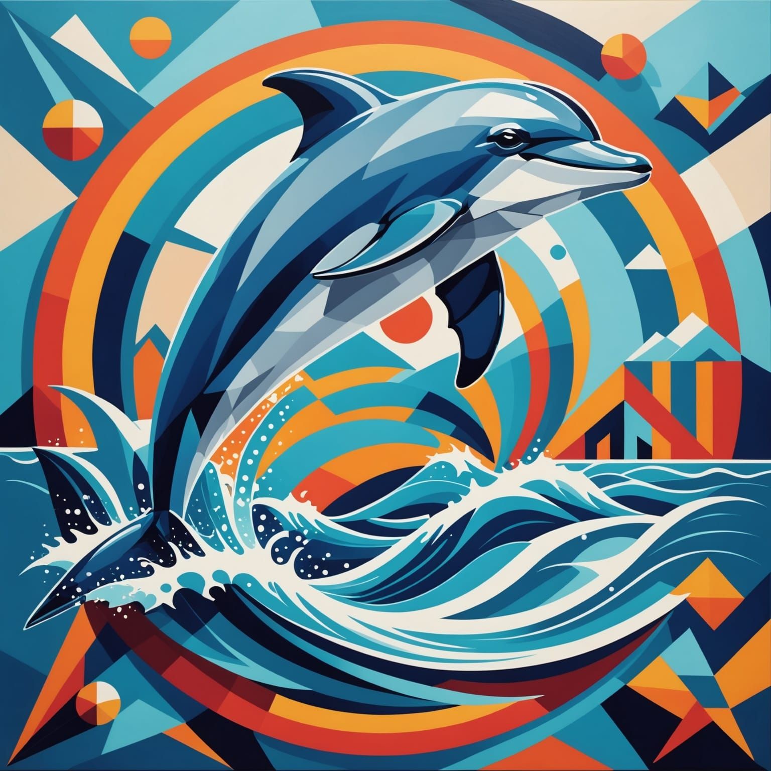 Dolphin Emerging from Cubist Waters