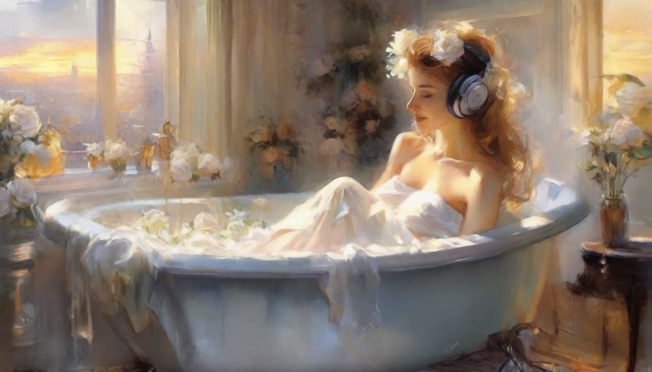 Woman Relaxing in Rose Bath with Wine, Ethereal Watercolour ...