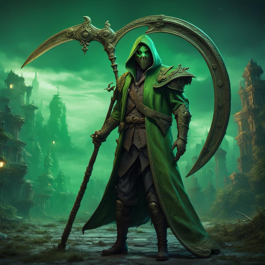 Masked Villain with Green Scythe: Fantasy Concept Art