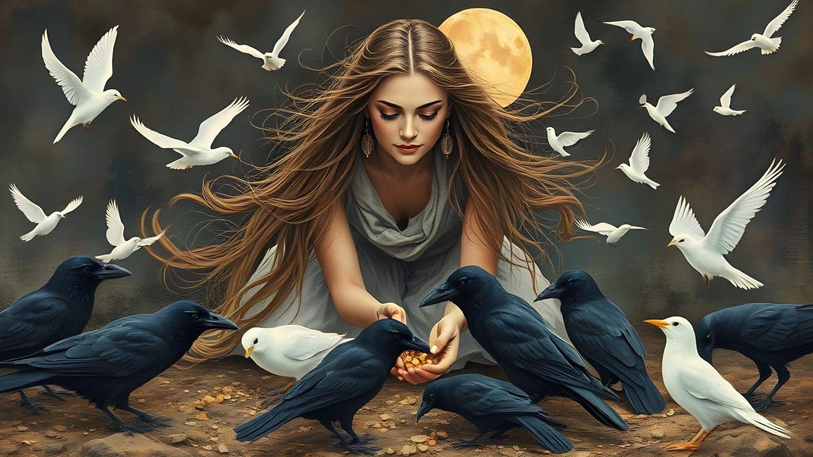 Woman Gathering Yin and Yang Shards in Dreamlike Landscape
