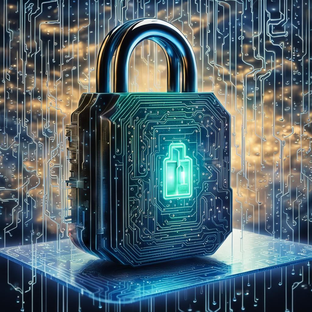 Circuit Board Lock in Holographic Rain, Ink Drawing