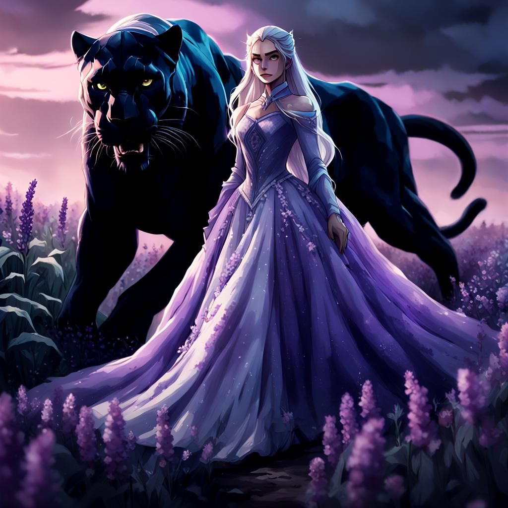 Anime Princess on Black Panther in Cotton Field