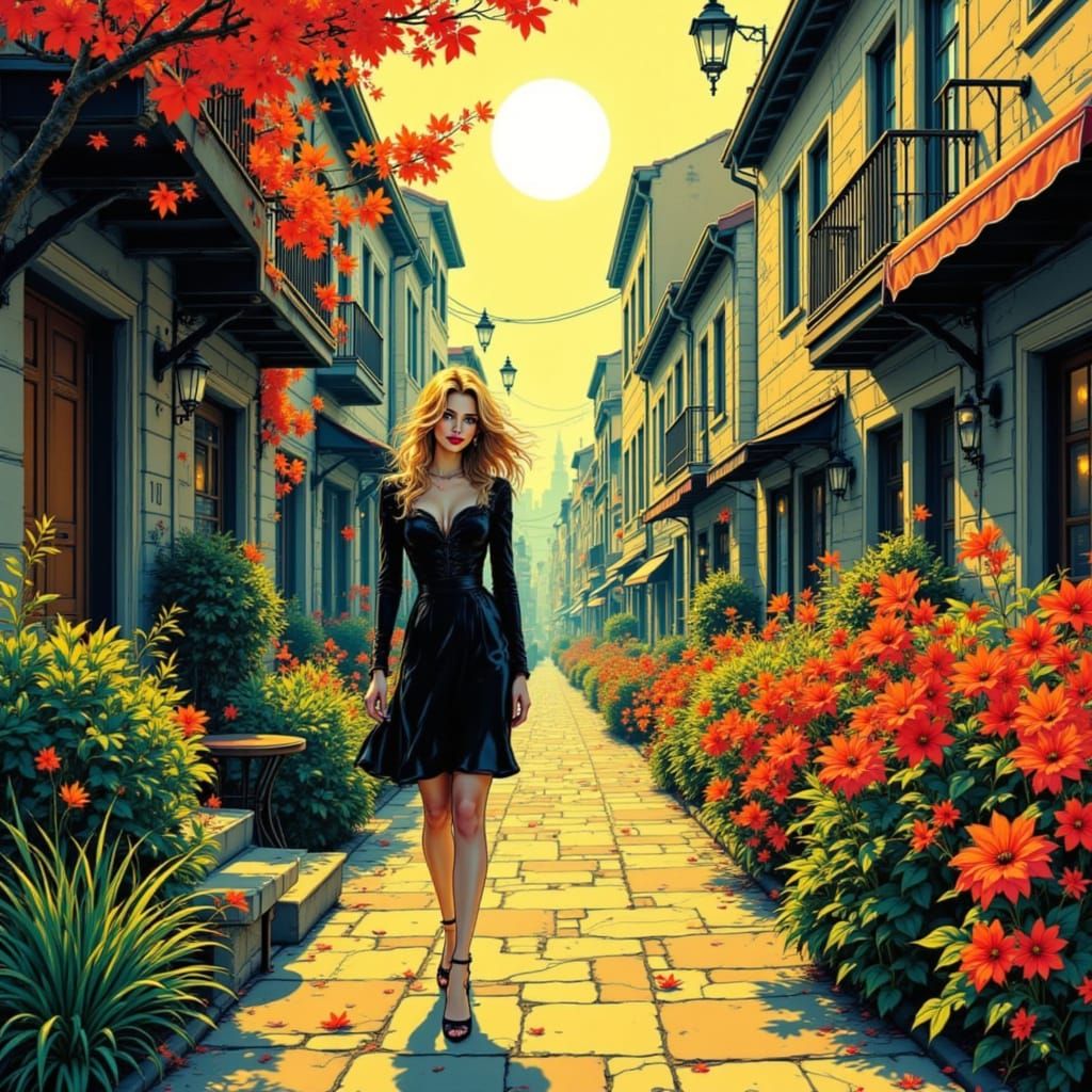 Woman Walking on Quiet Street in Comic Book Style
