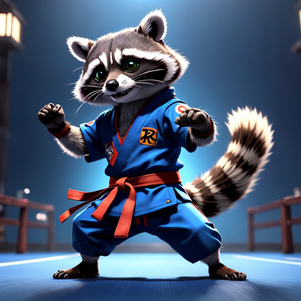 Cartoon Raccoon Practicing Karate in Anime Style