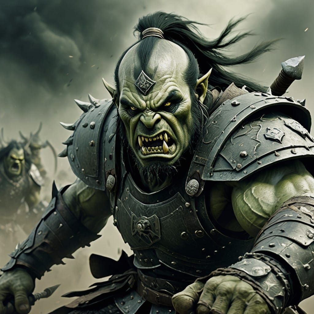 Orc Warrior Charges into Battle in Dark Fantasy Style