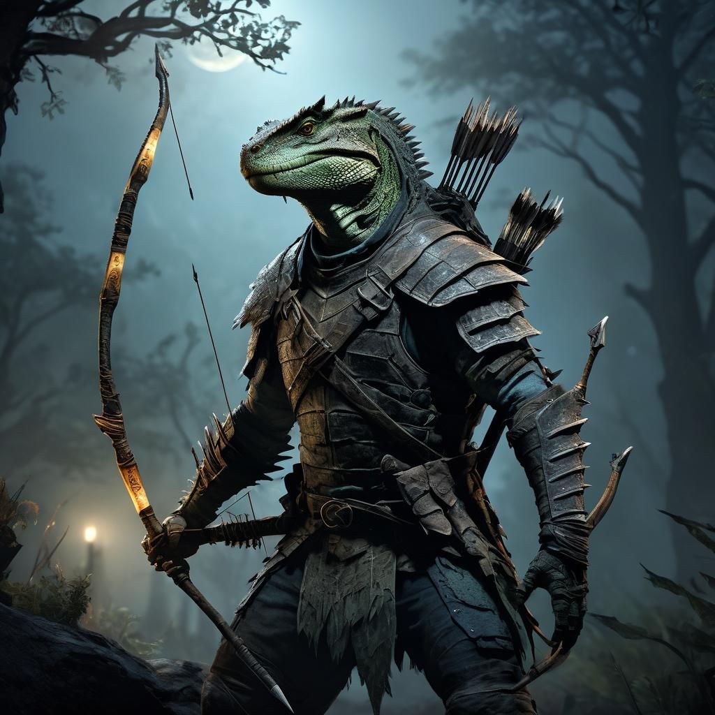 Lizardfolk Ranger Hunting at Night: Hyperrealistic Concept A...