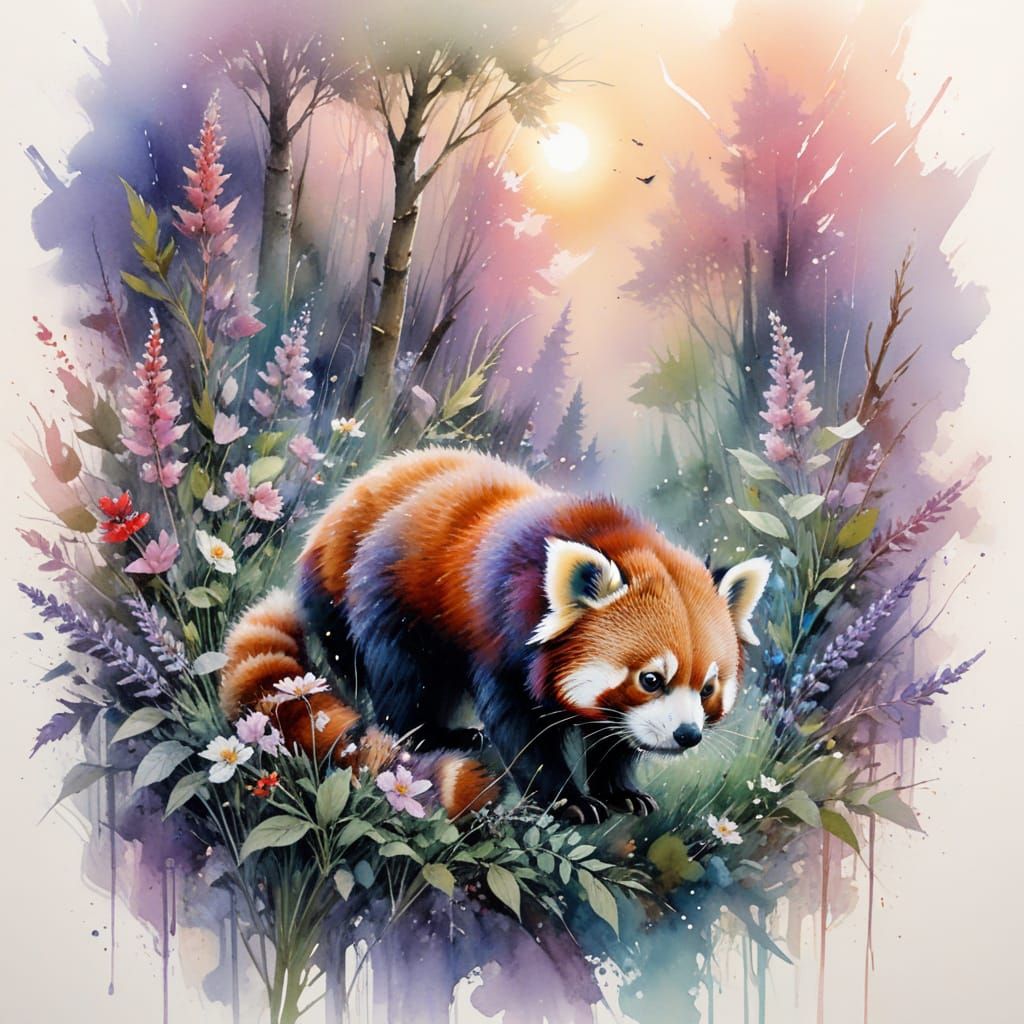 Whimsical Red Panda in Pastel Twilight Forest