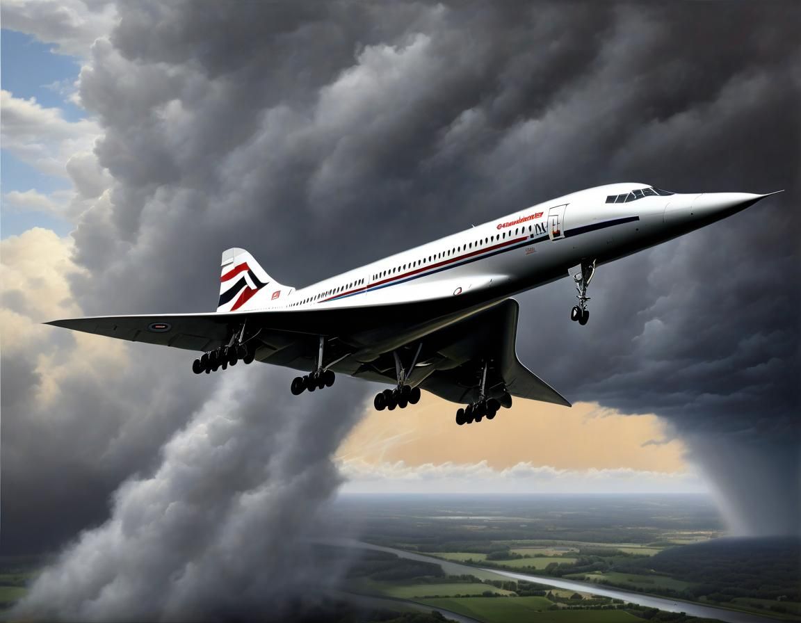 Concorde Test Flight Amidst Thunderstorm: Hyperrealism