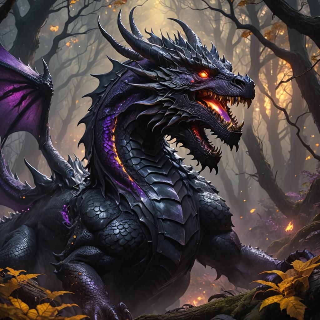 Black Dragon Roaring in Mystical Forest