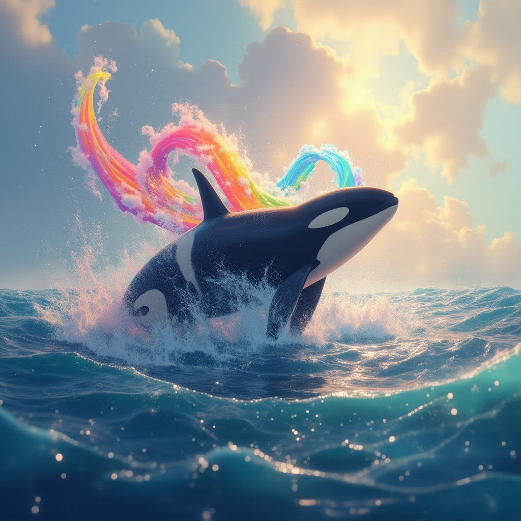 Orca with Rainbow Aura in Dreamy Ocean Scene