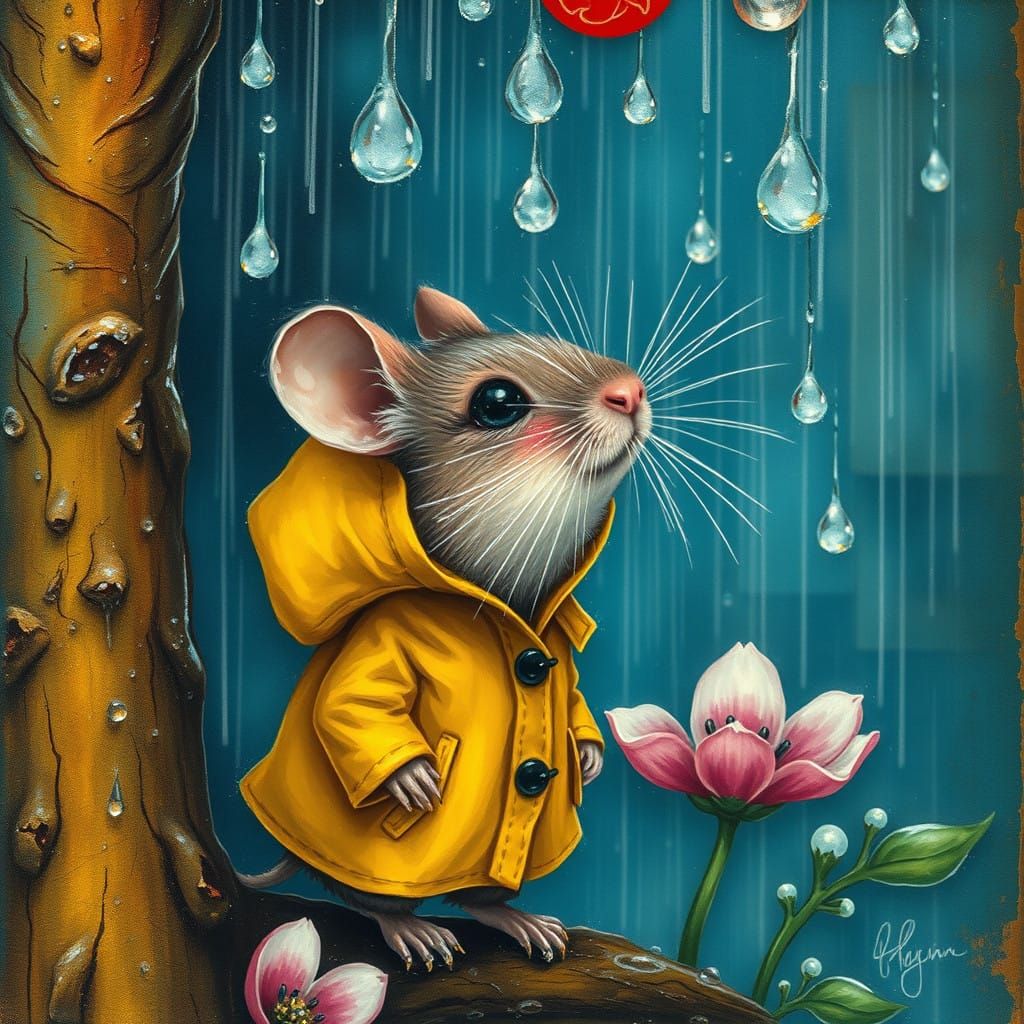 Rainy Day Mouse Wonderland in Whimsical, Mixed-Media Style