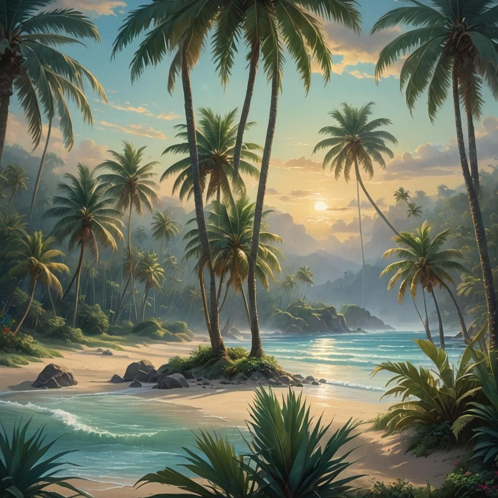 Tranquil Beach Scene with Palms in Fantasy Style