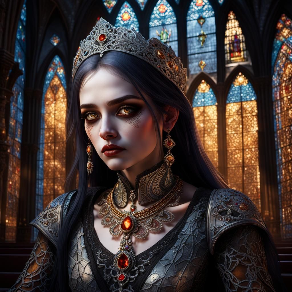 Gothic Woman in Cathedral: Hyper-Realistic Digital Portrait
