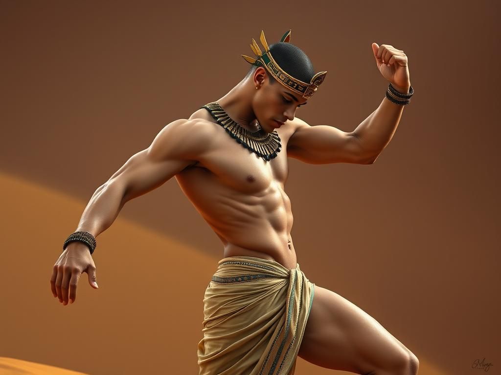 Dynamic Egyptian Dancer in Golden Desert Landscape