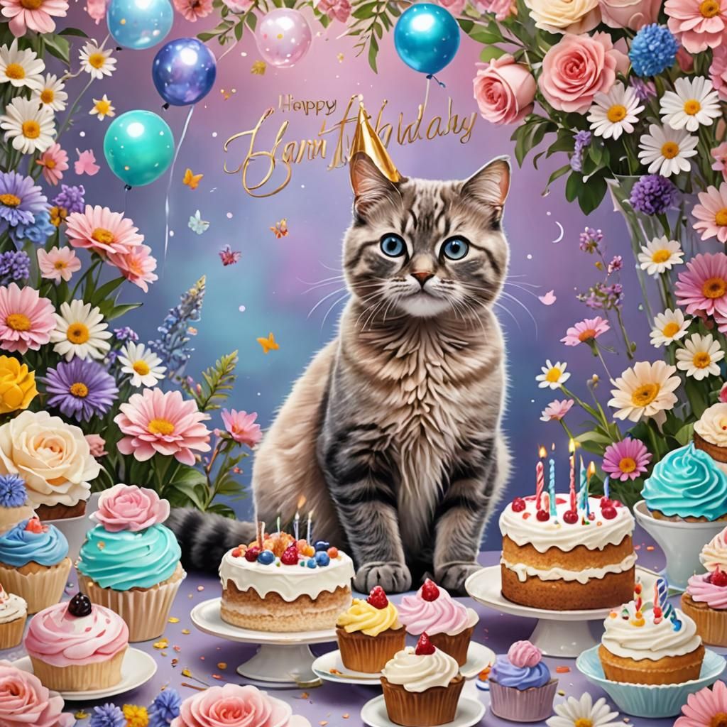 Cute Cat Birthday Card with Flowers and Cakes