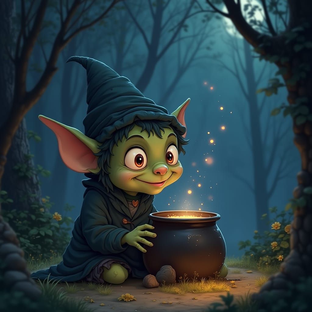 Whimsical Goblin in Enchanted Forest, Cartoon Style