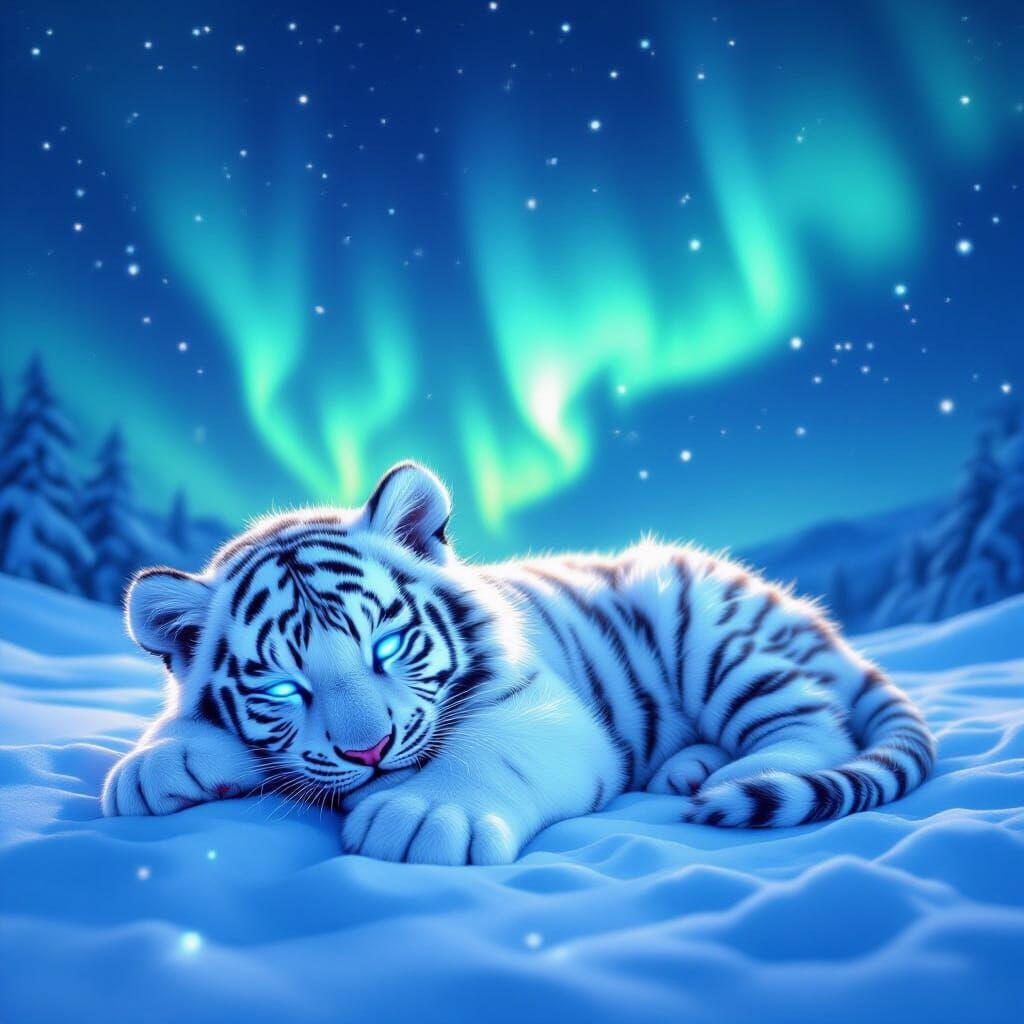 White Tiger Cub Under Northern Lights, Fantasy Art
