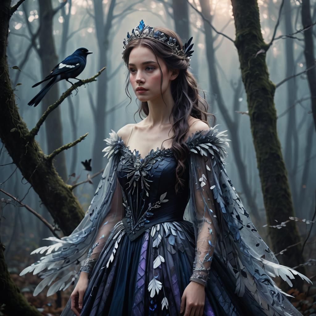 Whimsical Princess in Misty Forest with Magpie Feathers