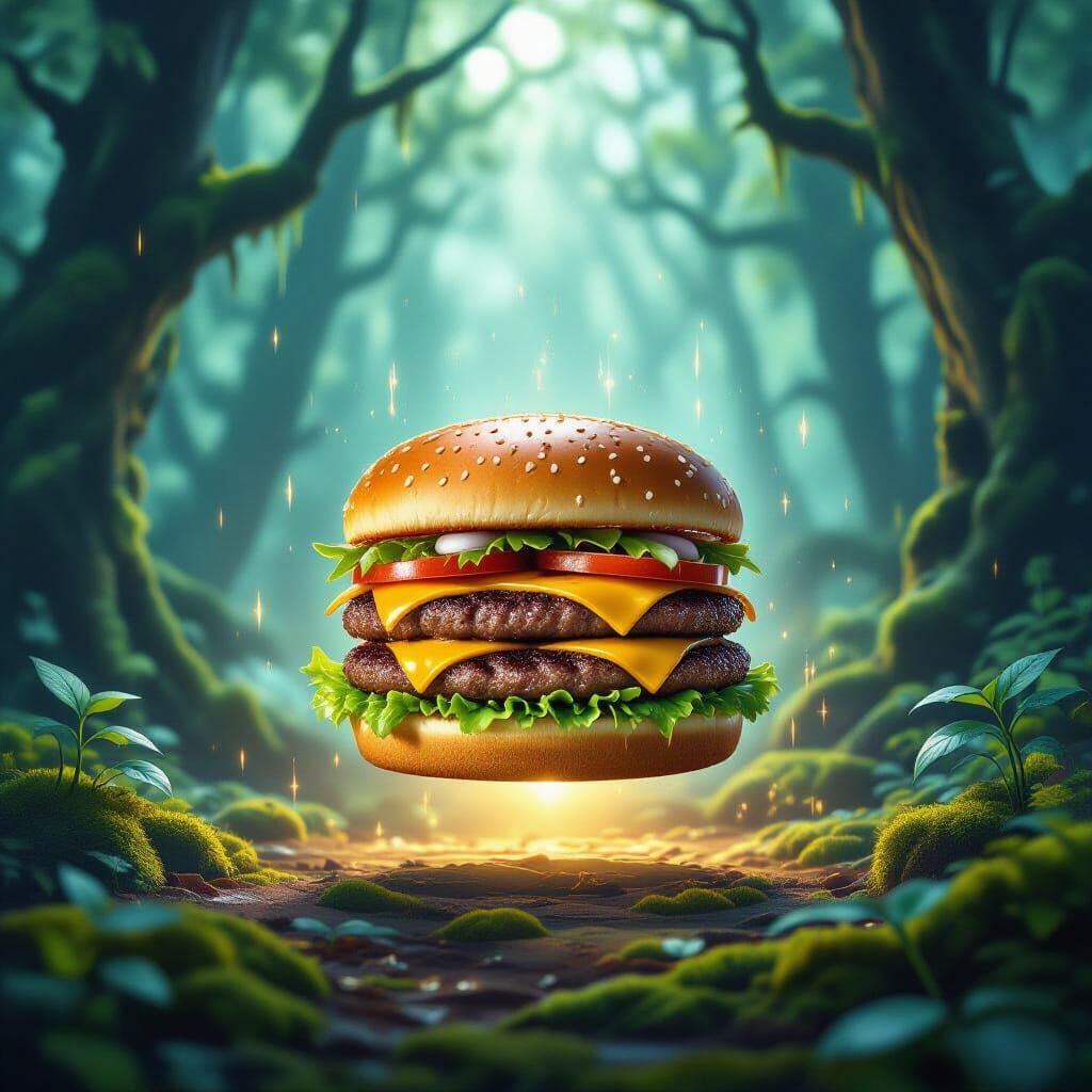 Gourmet Burger Floating in Enchanted Forest