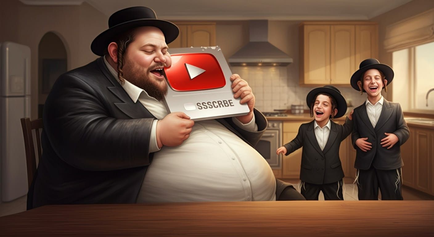 Obese Man Bites YouTube Button in Comic Style